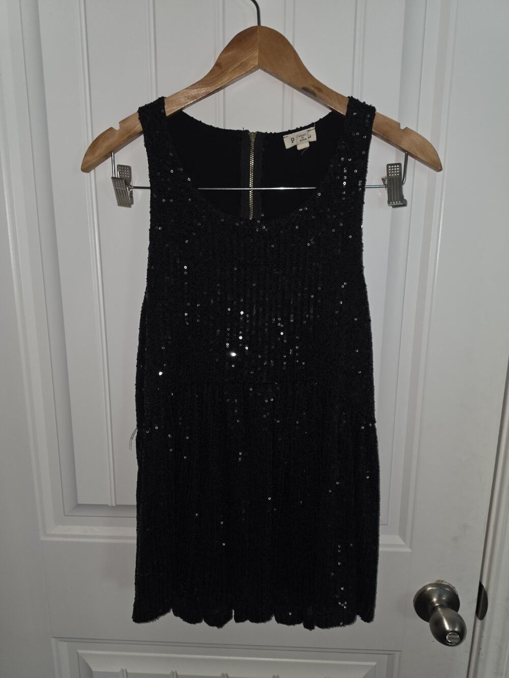 POL Black Sequin Peplum Top Womens Small Sleeveless Party Cocktail Zip Back
